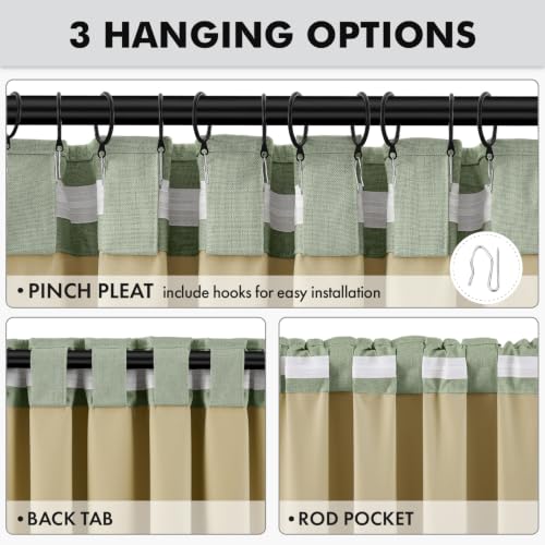 MIULEE 100% Blackout Linen Curtains 42 x 84 Inch Sage Green 2 Panels | Thermal Insulated, Room Darkening Drapes for Bedroom Living Room, Back Tab Rod Pocket Pinch Pleated, Solid Luxury Decor