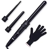 iMissiu Tourmaline 3 in 1 Curling Wand Set with 3 Interchangeable Curling Iron Ceramic Barrels with Heat Resistant Glove – Black