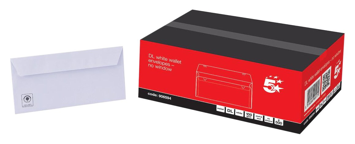 5 Star Envelopes Wallet Peel and Seal 100gsm White DL Ref [Pack of 500]