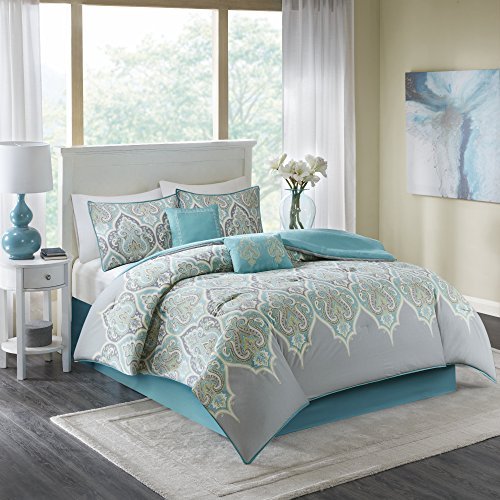 Comfort Spaces - Mona Cotton Printed Comforter Set - 6 Piece - Teal Grey - Paisley Design - King Size, Includes 1 Comforter, 2 Shams, 1 Bedskirt, 2 Embroidered Decorative Pillows