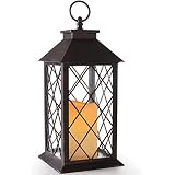 BRIGHT ZEAL 14" TALL Vintage Candle Lantern with LED Flickering Flameless Candles and Timer (Distressed BRONZE) - LED Candle Lanterns Decorative - Indoor Outdoor Hanging Lights - Candles &amp; Holders BZS