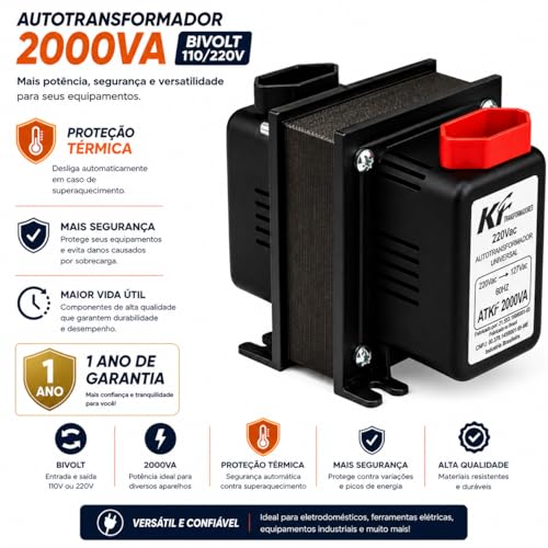 Autotransformador Bivolt 2000VA (1100W Reais) - Conversor de Voltagem 110V/127V para 220V e 220V para 110V - Transformador para TV, Notebook, Impressora, Videogame e Cafeteira - Proteção Térmica