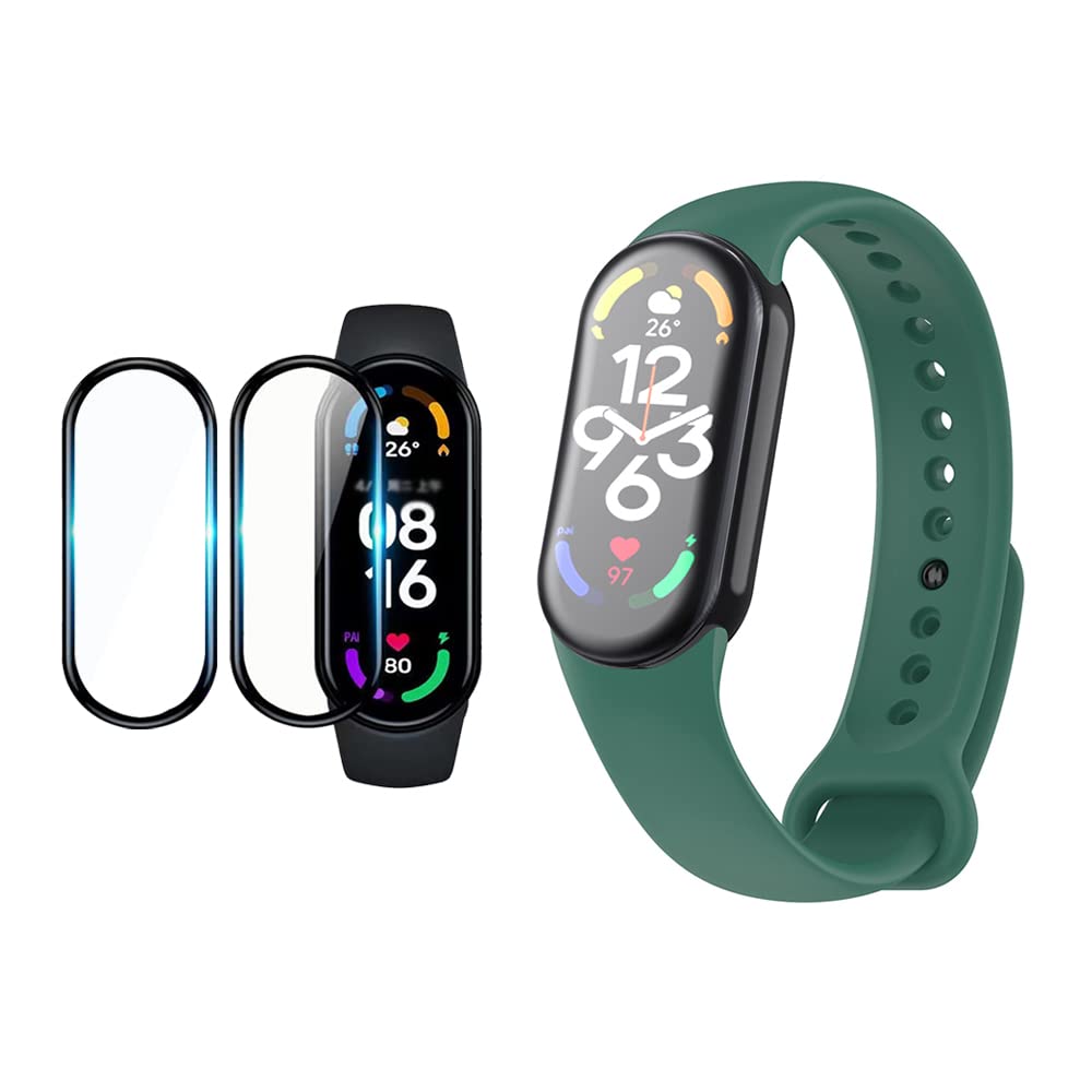 QINOUK Silicone Strap for Xiaomi Mi Smart Band 8, [Breathable] Soft Silicone Sport Band, Replacement Wristband, [2 Pack] Screen Protective Film, for Xiaomi Band 8-Green