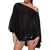 Lightweight Ponchos for Women Sheer See Through Shawl Shrug Top Mesh Off Shoulder Summer Beach Cover Ups