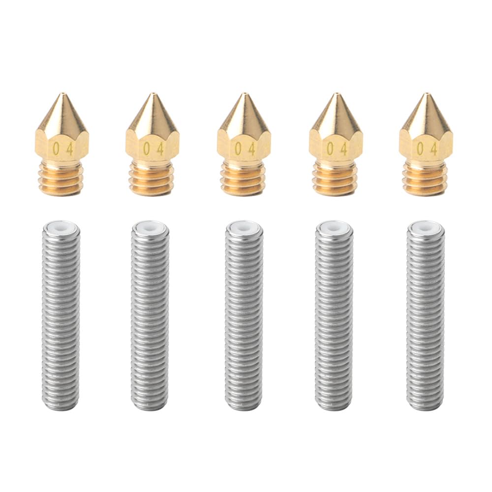 QitinDasen 5 Pieces 3D Printer Extruder 0.4 mm Brass Nozzle Print Head and 5 Pieces 3D Printer Extruder M6 X 30 mm Stainless Steel Nozzle Throat Tube