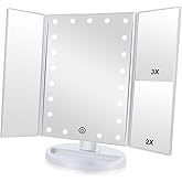 Flymiro Tri-fold Lighted Vanity Makeup Mirror with 3x/2x Magnification,21 LEDs Light and Touch Screen,180 Degree Free Rotation Countertop Cosmetic Mirror,Travel (White)