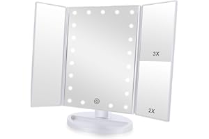 Flymiro Tri-fold Lighted Vanity Makeup Mirror with 3x/2x Magnification,21 LEDs Light and Touch Screen,180 Degree Free Rotation Countertop Cosmetic Mirror,Travel (White)