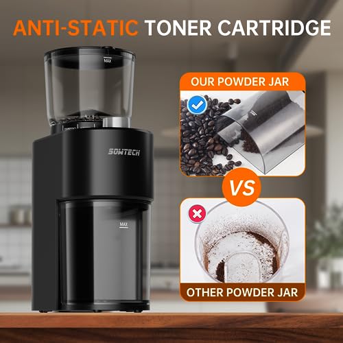 SOWTECH Antistatic Conical Burr Coffee Grinder, Adjustable Burr Mill with 38 Precise Grind