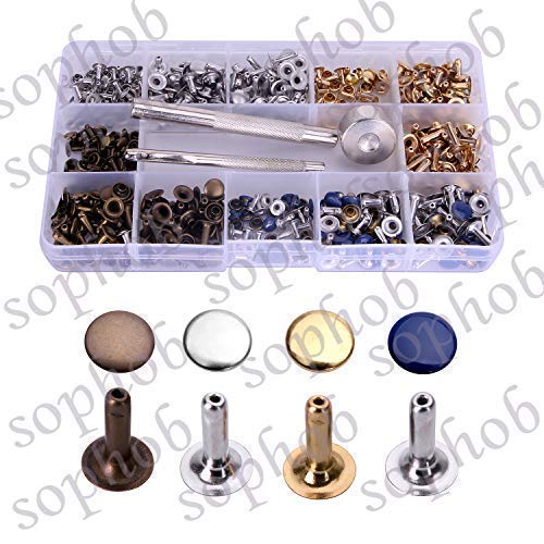 Sophob 240 Sets 3 Sizes Leather Rivets Nickel-Free Copper Double Cap Rivet Tubular Metal Studs with 3 Pieces Setting Tool Kit for Leather Craft Repairs Decoration, 4 Colors-Gold Silver Blue Bronze