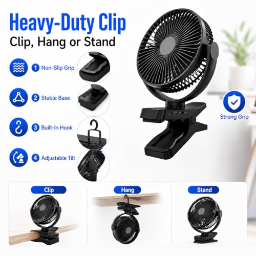 8.3 Inch Clip on Fan with Remote, 12000mAh Battery Operated Rechargeable Desk Fan with LED Light, Timer & Power Display, 4 Speeds Portable Fan for Golf Cart, Camping Tent, Travel, Office, Outdoor | 12000 mAh battery, battery level indicator, LED light, timer