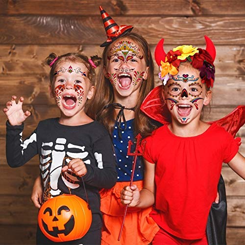 Halloween Headband, 4PCS Day of The Dead Headband Costume Mexican Headpiece with Halloween Temporary Tattoo Stickers for Halloween Masquerade Party Dress up Favor