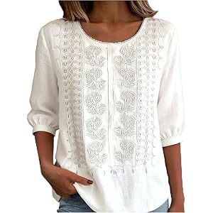 Embroidered Tops for Women,Cotton Linen Tops Gauze Shirts for Women, 3/4 Sleeve Boho Blouses Casual