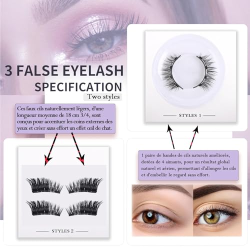 Faux Cils Magnetique 3 paires Aimanté sans colle Cils Magnetique Naturel 3d Waterproof Effet sans Eye-Liner Réutilisables, Facile à utiliser,avec Applicateur