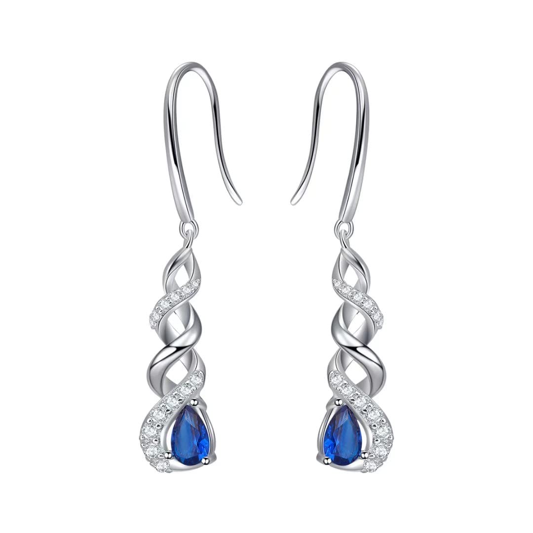 Qings September Birthstone Dangle Earrings - 925 Sterling Silver Cubic Zirconia Dark Blue Gem Stone Sapphire Infinity Earrings Piercing Sparkling Jewelry for Women Girls Teens