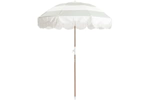 Business & Pleasure Co. Holiday Beach Umbrella ~ White Boho Fringe Umbrella, UPF 50+, 1" Tilting Wood Pole, 5’W x 6.5’H