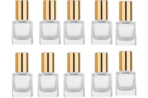 GLASSTORE Square Glass Essential Oils Roller Bottle,5ml Perfume Essential Oil Bottles Refillable Thick Glass Roller Bottle Mini Glass Bottles With Stainless Steel Roller Balls,Aluminum Caps,10pcs (Gold)