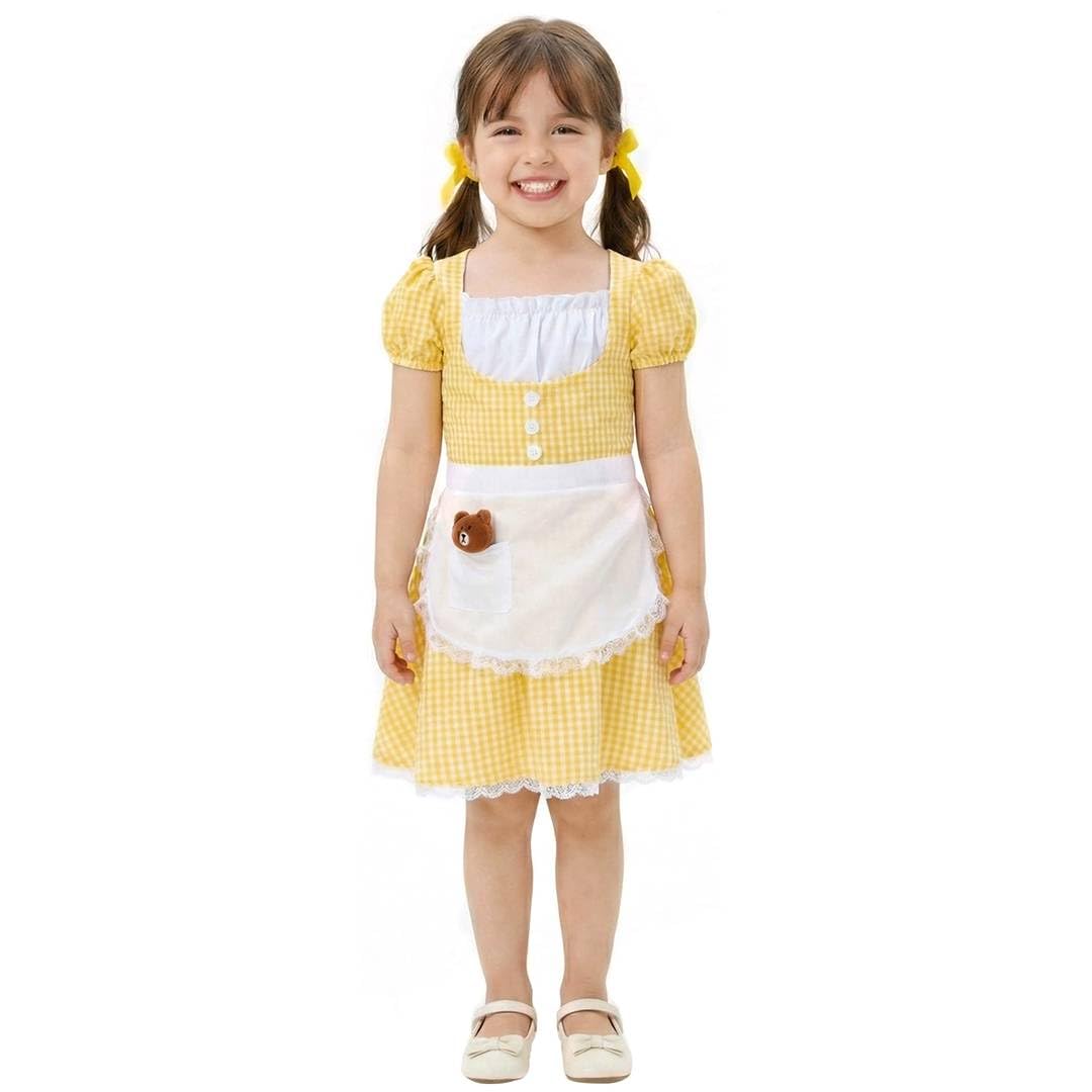 Girls Porridge Girl Costume - Large - Yellow Gingham Fairytale Dress with White Apron and Plush Bear Accessory - Classic Storybook Character Fancy Dress for World Book Day