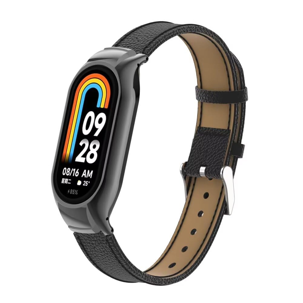 T-BLUER Compatible with Xiaomi Mi Smart Band 8 Strap,Mi Band 8 Leather Replacement Bracelet Band Wristband Accessories with Metal Frame for Xiaomi Smart Band 8 Black