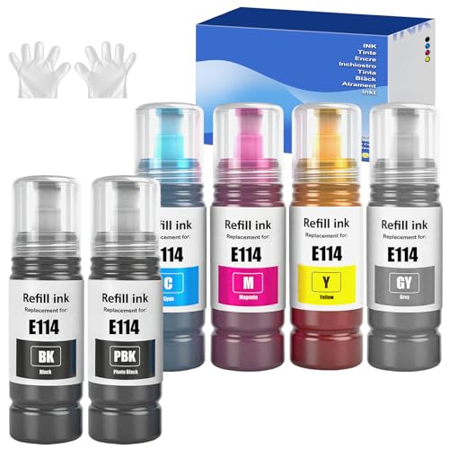 SHUOLEI 114 Ink Compatible with Epson 114 Multipack Ink Bottle for EP ET-8500 ET-8550 (6-Pack, Black/Photo Black/Cyan/Magenta/Yellow/Grey)