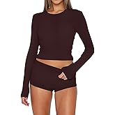INFITTY Sexy Pajama Set for Women 2 Piece Crew Neck Long Sleeve Pj Soft Top and Shorts Sleepwear Set