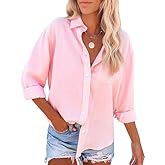 siliteelon Button Down Shirts for Women Cotton Dress Shirts Long Sleeve Blouses Solid Casual Collared Tops with Pockets