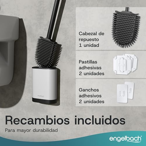 Engelbach® Silicone Toilet Brush with Stainless Steel Handle and Holder – Antibacterial Wall Mounted Toilet Brush without Drill – Toilet Brush with Replacement Head – White