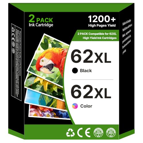 62XL Cartucce d'inchiostro Sostituzione per Cartucce HP 62 Nero e Colore per Cartucce HP 62 XL per HP Envy 5540 5640 5547 7640 5644 5646 per Officejet 5740 5742 5744 200 250 (Nero Tri-Colore, 2-Pack)