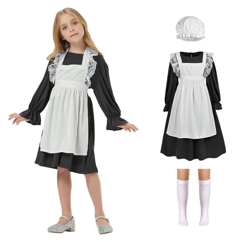 AOMIG Victorian Maid Costume, Village Medieval Dress with Mop Cap & Socks, Kids Poor Outfit Fancy Costumes for Halloween Cosplay, World Book Day, Black, (C2-M-Bl230324-FBA)