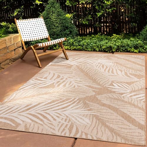 Taracarpet In & Outdoor Teppich Wetterfest Wohnzimmer Balkon Küchenteppich Terrassenteppich Flachgewebe Sisaloptik mit Muster blätter Natur beige 300x