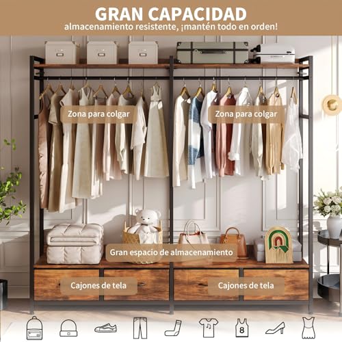 SIMPLE ESPACIO Closet Armables para Ropa,Armarios para Ropa Viene con Cuatro Cajones de Tela,Closet de Madera es Estilo Industrial,165 * 30 * 150 CM,Adecuado Paras Dormitorio,Lavadero (Color Retro)