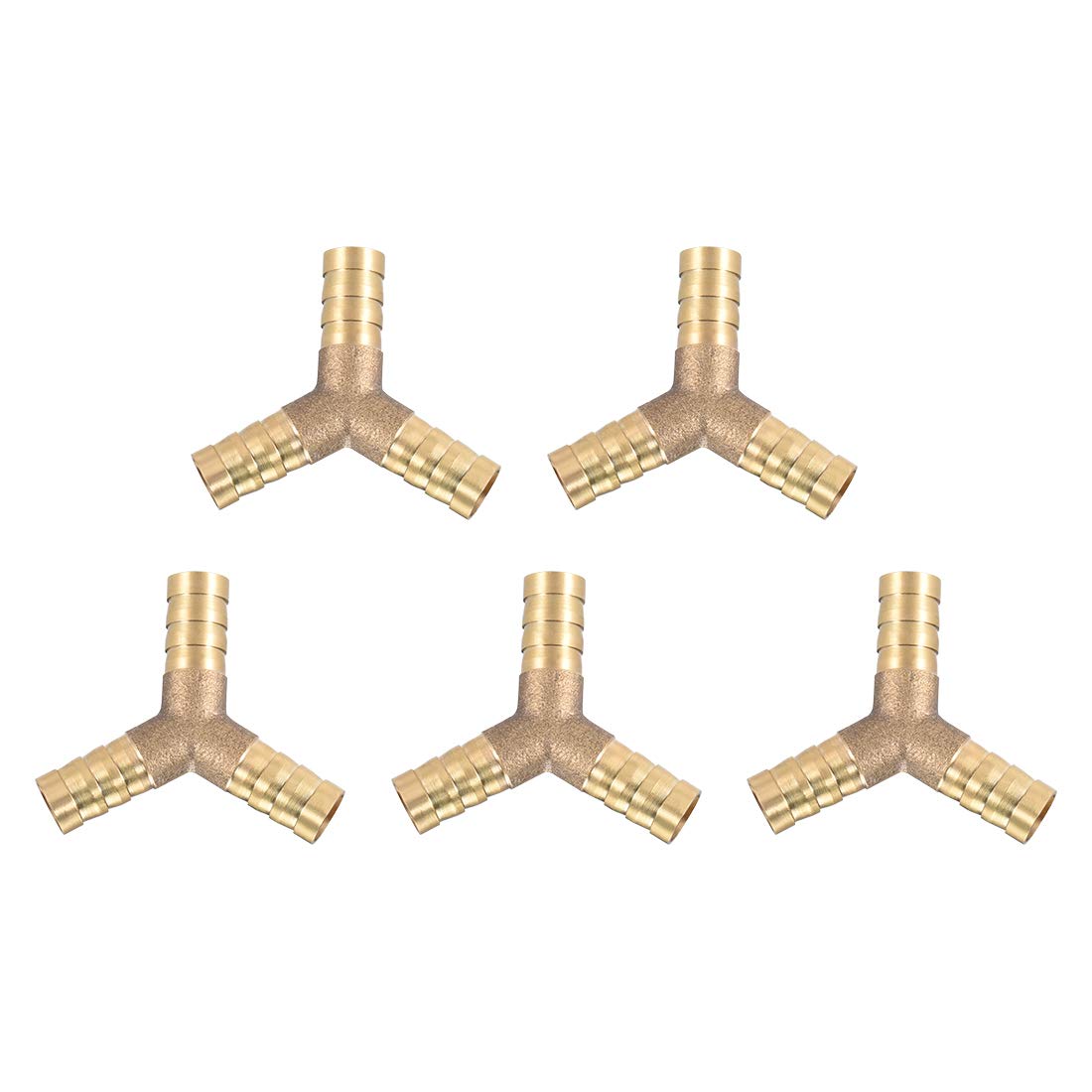 sourcing map 10mm or 3/8" ID Brass Barb Splicer Fitting,Y-Shaped 3 Ways,Barb Hose Fitting Air Gas Water Fuel,Barbed Tee Connector,5pcs
