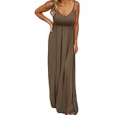 PALINDA Women's Sleeveless Summer V Neck Spaghetti Strap Casual Loose Empire Waist Maxi Dresses