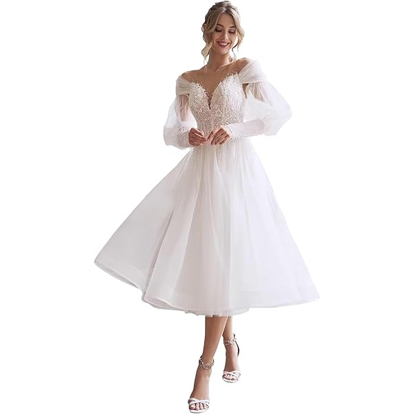 Cilontug Lace Tulle Wedding Dresses for Bride Off Shoulder Tea Length Long  Sleeve Bridal Gowns for Women Ivory Size 0 at Amazon Women's Clothing store