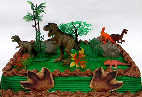Prehistoric T-Rex DINOSAUR 12 Piece Birthday CAKE Topper Set Featuring a T-Rex and 4 Random Dinosaur Figures, Themed Decorative Accessories, Dinosaurs Average 1/2