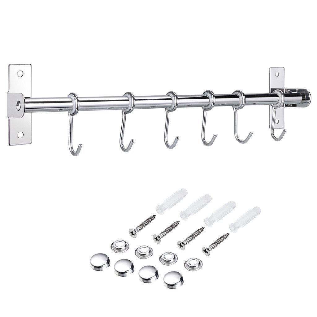 OMALOO 15.75"/40CM Wall Mounted Pan Pot Rack Stainless Steel Kitchen Rail Utensils Hanger Organizer Holder with 6 Hooks