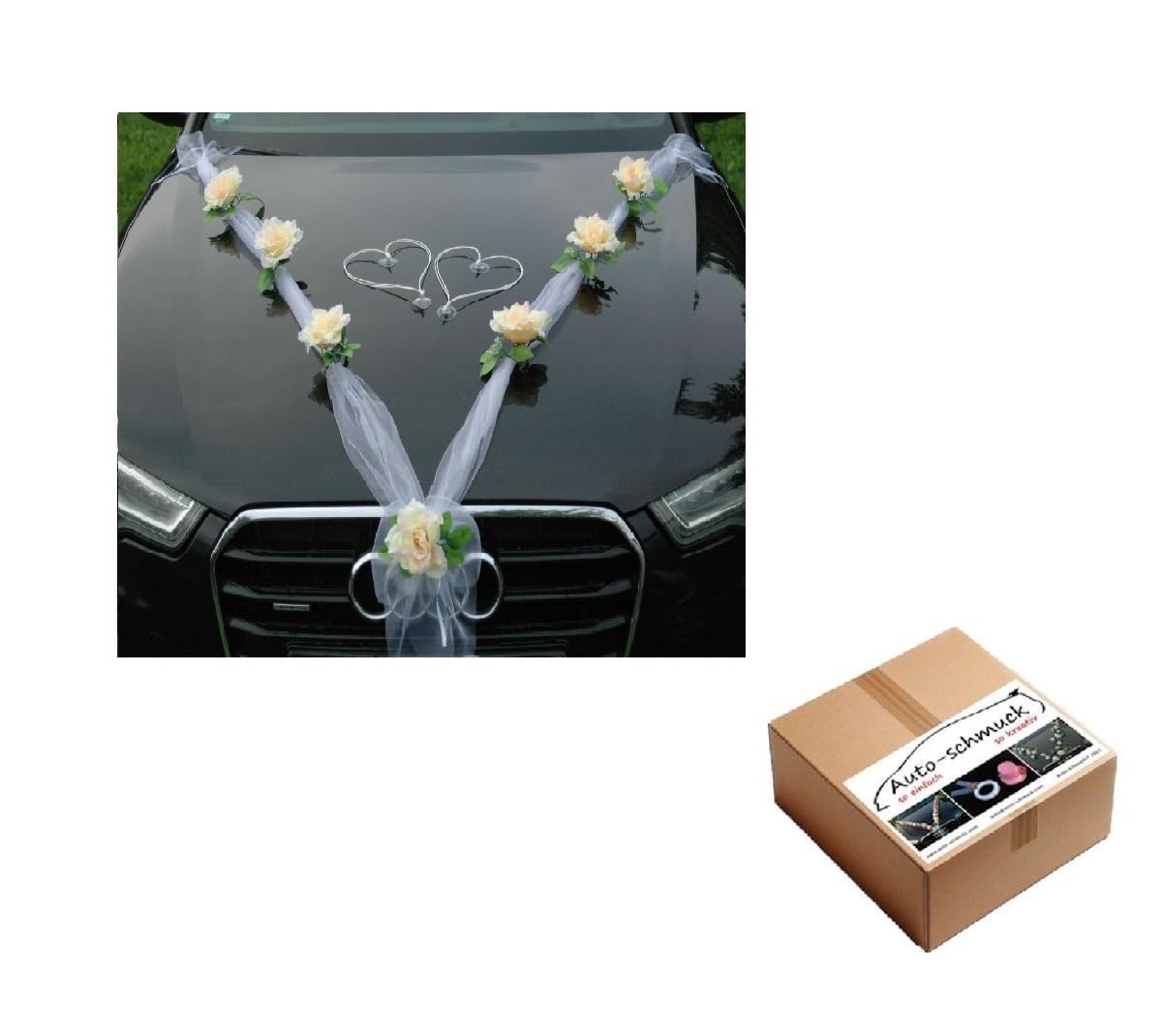 ORGANZA M + HERZEN Braut Paar Rose Deko Dekoration Autoschmuck Hochzeit Car Auto Wedding Deko Ratan Girlande ®Auto-schmuck PKW (Lemon/Weiß/Weiß)