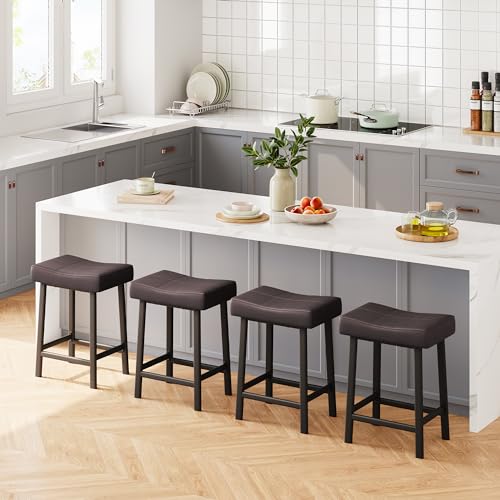 Garvee 61cm Counter Height Bar Stools, Faux Leather Saddle Seats with Black Metal Legs, Modern Upholstered Kitchen Island or Dining Counter Stools, Set of 2, Brown