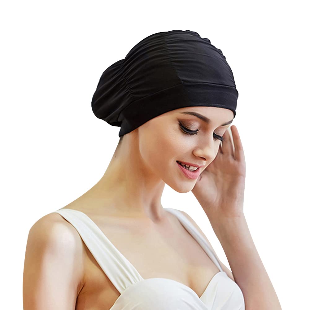 IBLUELOVER Women Ear Protection Swim Cap Stretch Shower Cap Nylon Spandex Bathing Cap for Long Hair Dreadlocks Weaves Curls