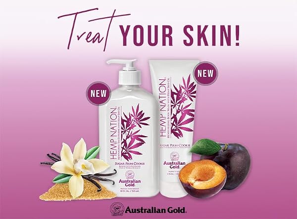 AUSTRALIAN GOLD HEMP NATION SUGAR PLUM COOKIE BUNDLE – TAN EXTENDER BODY LOTION (18 FL OZ) AND BODY WASH (8 FL OZ), DELECTABLE BLEND OF SUGARCANE, PLUM, AND VANILLA, PURE HEMP SEED OIL