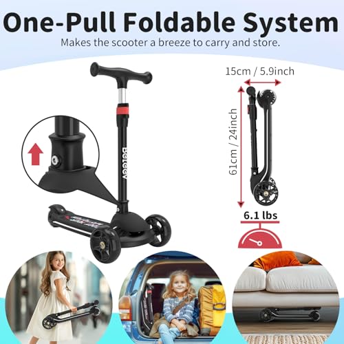 BELEEV A9 Kids Scooter with LED Light-Up Wheels & Deck, 3 Wheel Foldable Kick Scooter for Toddlers Boys Girls Ages 3-12, Adjustable Handlebar, Lean-to-Steer, Extra-Wide Wheels