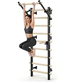 Swedish Ladder Stall Bars for Home Gym, 300 LBS Wall Mounted Gym with Adjustable Pull Up Bar, Dip Station &amp; Straps for Calisthenics, Strength Training, Stretching, Mobility &amp; Home Workouts