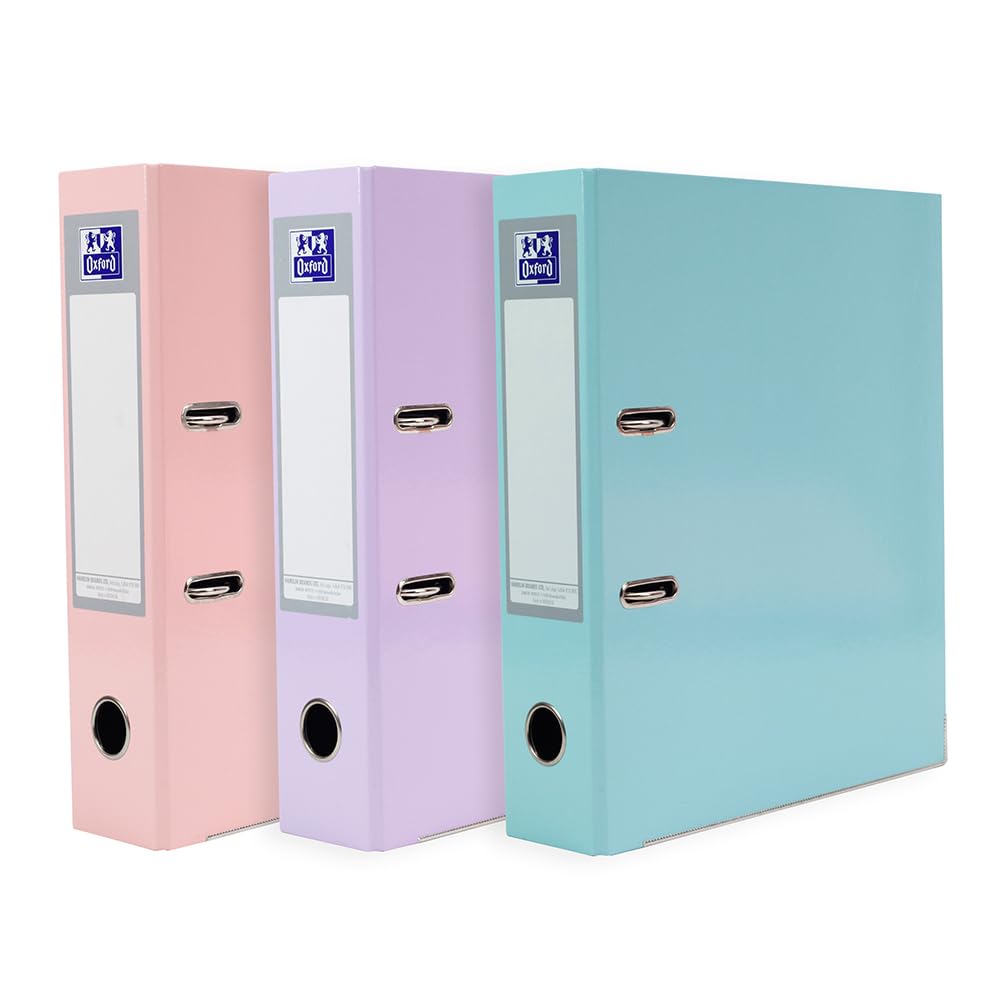 Oxford A4 Lever Arch Files, 3 Pack of Pastel Glossy Filing Folders, Durable Laminated Paper-on-Board, Pink, Lilac & Mint
