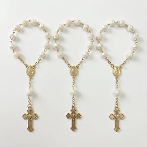 Chaf5dox 3 Pack Gold White Rose Car Rosary Catholic Rearview Mirror Charm | Luxury Catholic Gift Wedding Favor Ordination Pre