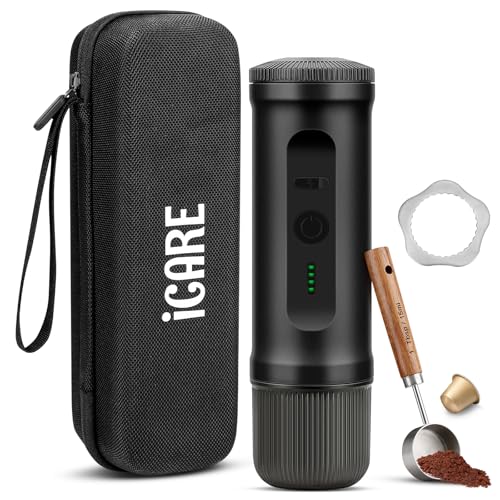 ICARE Portable Coffee Maker, 2 in 1 Portable Coffee Maker for NS Capsules and Ground Coffee, Self-Warming, USB-C Charging, Battery Indicator, for Camping, Hiking, Travel, Campervans(Black)