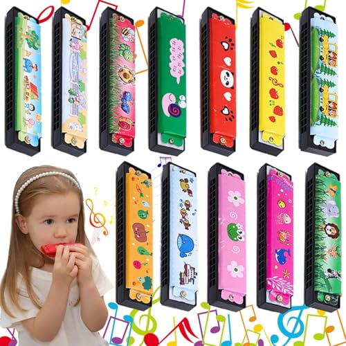 KOWVOWZ 12 PCS Harmonica for Kids, Harmonica Toy with Double Row of 16 Holes, Cute Cartoon Printed Harmonicas Mouth Organ,Party Favors, Bags Fillers, Birthday Day Gifts and Prize for Beginner Kids