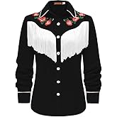 CORSKI Women's Western Cowgirl Fringe Shirt Long Sleeve Floral Embroidered Snap Collared Boho Rodeo Casual Blouses Shirts