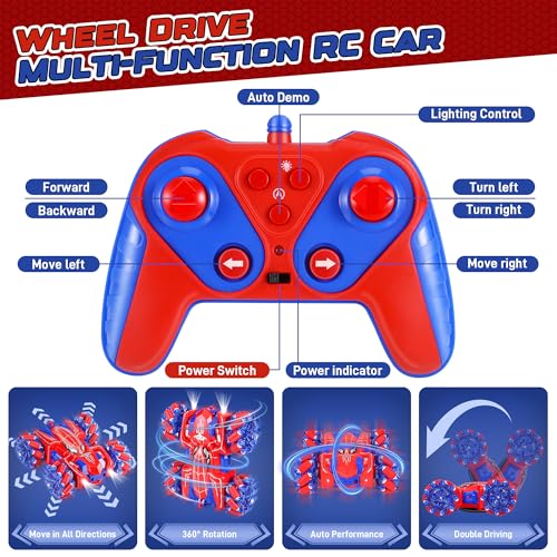 Kssvzz Spider Remote Control Car for Children 14 km/h, 360° Rotation RC Stunt Toy with Wheel Lights, 2.4 GHz Radio Controlled Car, 4 Wheel Drive, Gift Toy for Boy Girl 3 4 5 6 7 8 9 Years Old | USB-C Rechargeable Battery, 360° Rotation, Cold Light, 4WD RC Car Toy for Ages 3, 4, 5, 6, 7, 8, 9 Years, Boys