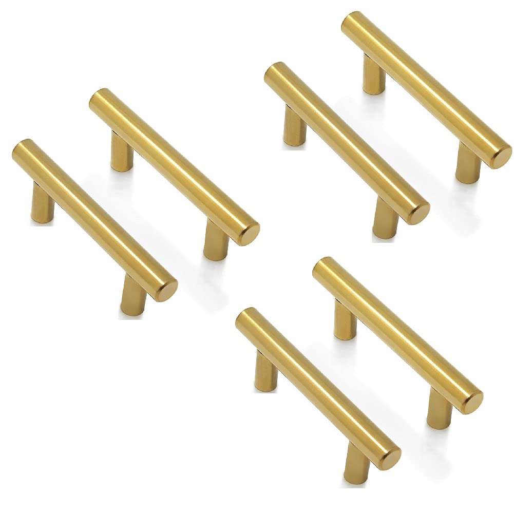 ANSIEDIO 6 Pack Gold Kitchen Cabinet Handles 64mm - T Bar Pulls for Cupboards & Draws, Stainless Steel for Kitchen, Bathroom, Wardrobe