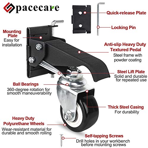 SPACECARE Workbench Casters kit 600Lbs Heavy Duty Quick Release 2 Mounting Options Retractable