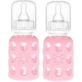Lifefactory Glass Baby Bottle with Silicone Sleeve 4 Ounce - 2 Pack - Pink